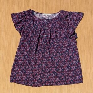 LOFT Blouse Floral Heart Ruffle Henley‎ Shell Sleeve Button Up Top Womens Large